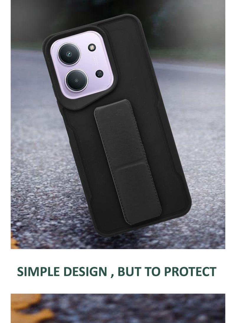 NAFCO For Redmi 15c - Hard Silicone Magnetic Back Stand Case  With Foldable Kickstand & Finger Strap - Black - Image 2