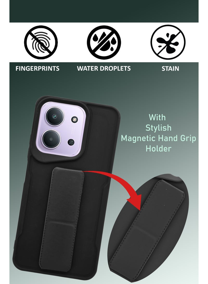 NAFCO For Redmi 15c - Hard Silicone Magnetic Back Stand Case  With Foldable Kickstand & Finger Strap - Black - Image 4