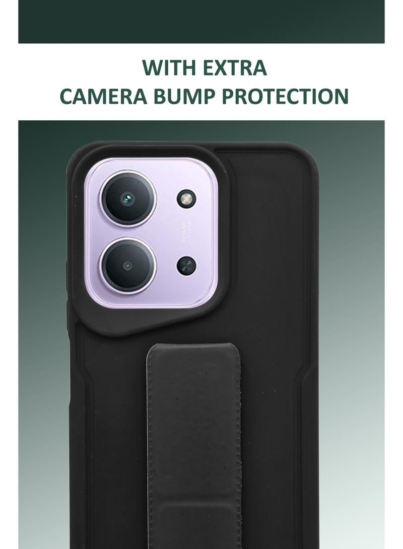 NAFCO For Redmi 15c - Hard Silicone Magnetic Back Stand Case  With Foldable Kickstand & Finger Strap - Black - Image 3