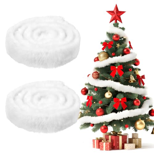 Rainflow Christmas Faux Fur Ribbon Trim 2PCS White Fur Trim 2 x 59 Inch Shaggy Ribbon Roll Craft Fabric Furry Sewing Strips for Christmas Tree Stockings Stair Railings Festivals Gift Boxes Decorations - Image 1