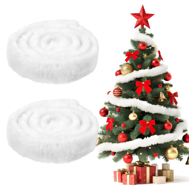 Rainflow Christmas Faux Fur Ribbon Trim 2PCS White Fur Trim 2 x 59 Inch Shaggy Ribbon Roll Craft Fabric Furry Sewing Strips for Christmas Tree Stockings Stair Railings Festivals Gift Boxes Decorations - Image 3