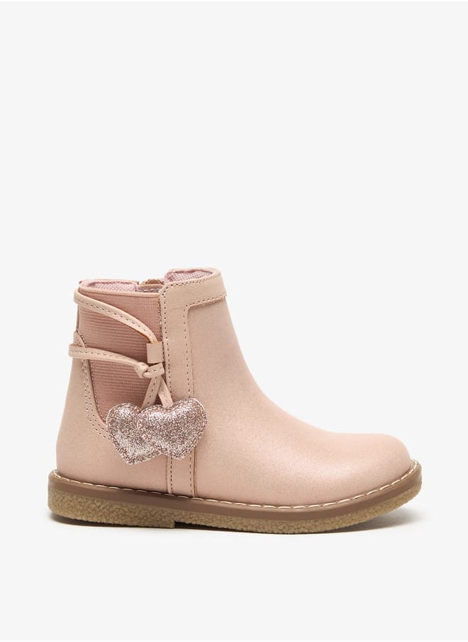 JUNIORS Solid Ankle Boots with Zip Closure and Heart Patches  - Image 3