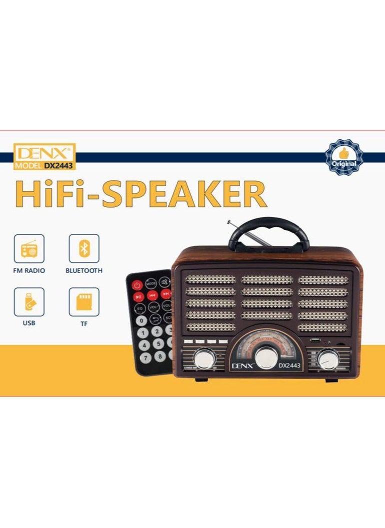Denx - Rechargeable HI-FI Radio with Remote Control, Large Capacity Battery, Portable, Retro Style FM Radio, Support Bluetooth, SD Card Slot, USB and AUX Port - Image 1