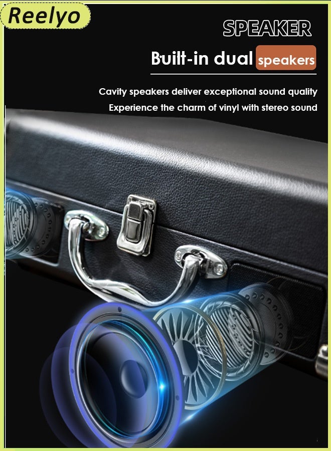 Reelyo 3 Speed CD Player High End Artificial Leather Gramophone Portable Suitcase Support USB or Wireless Bluetooth playback Retro Vinyl Turntable Record Player Built-in 2 Speaker Slim External CD Reader For Living Room, Bedroom, Study, Studio, Cafe, Bookstore, American Restaurant, Hotel, Vinyl Lovers, Social, Nostalgic Shooting Props, Used To Enhance The Space Style, Retro, Niche, Texture - Image 4