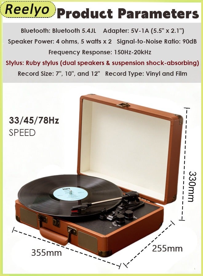 Reelyo 3 Speed CD Player High End Artificial Leather Gramophone Portable Suitcase Support USB or Wireless Bluetooth playback Retro Vinyl Turntable Record Player Built-in 2 Speaker Slim External CD Reader For Living Room, Bedroom, Study, Studio, Cafe, Bookstore, American Restaurant, Hotel, Vinyl Lovers, Social, Nostalgic Shooting Props, Used To Enhance The Space Style, Retro, Niche, Texture - Image 2
