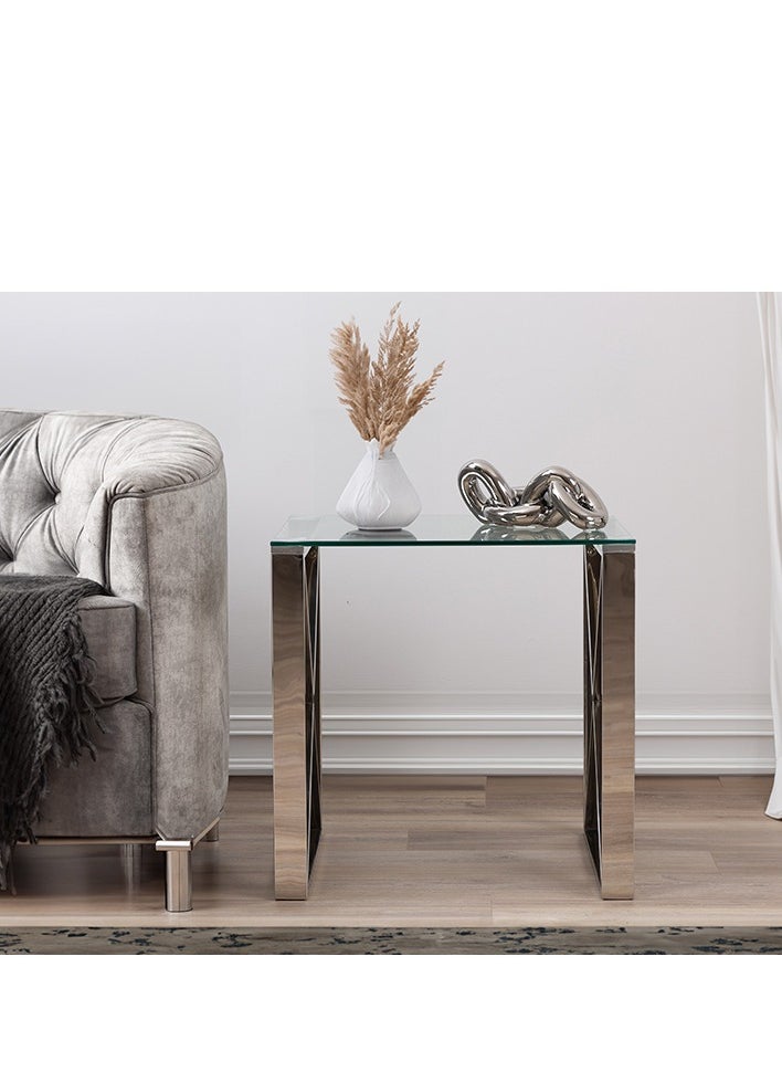 VANITY LIVING VANITY LIVING Accent Side Table, Tempered Glass Tabletop, Sofa End Table for Living and Bedroom with Modern Madrid Chrome Sturdy Stainless Steel Frame  - Image 2