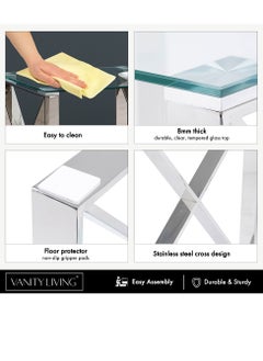 VANITY LIVING VANITY LIVING Accent Side Table, Tempered Glass Tabletop, Sofa End Table for Living and Bedroom with Modern Madrid Chrome Sturdy Stainless Steel Frame  - Image 4