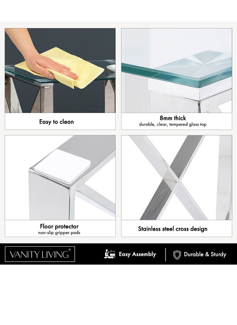 VANITY LIVING VANITY LIVING Accent Side Table, Tempered Glass Tabletop, Sofa End Table for Living and Bedroom with Modern Madrid Chrome Sturdy Stainless Steel Frame  - Image 4