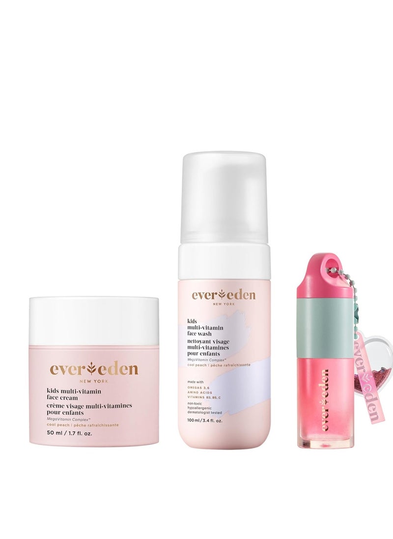 Evereden Evereden Happy Kids Skin & Lips Routine - Multi-Vitamin Face Wash & Face Cream Peach & Tinted Lip Oil Sakura Pink Set - Clean & Vegan Skin Care for Kids 3+ - Moisturizing, Nourishing, & Protective  - Image 1