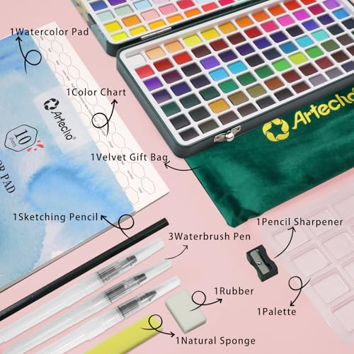Artecho مجموعة ألوان مائية من أرتيشو 168 لون، مجموعة رسم مع دفتر ألوان مائية، فرشاة وقلم رصاص، مجموعة ألوان مائية مثالية للمبتدئين والمحترفين - Image 3