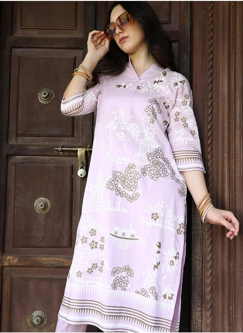 QISSA Women's Lilac Flora Cluster Print Kurta With Lilac Trousers Set