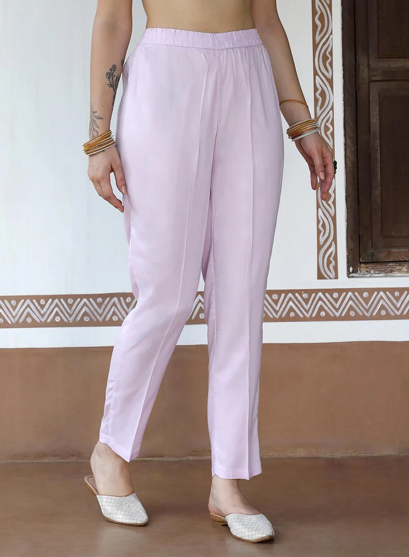 QISSA Women's Lilac Flora Cluster Print Kurta With Lilac Trousers Set