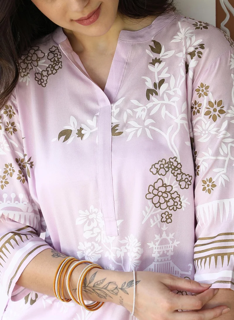 QISSA Women's Lilac Flora Cluster Print Kurta With Lilac Trousers Set