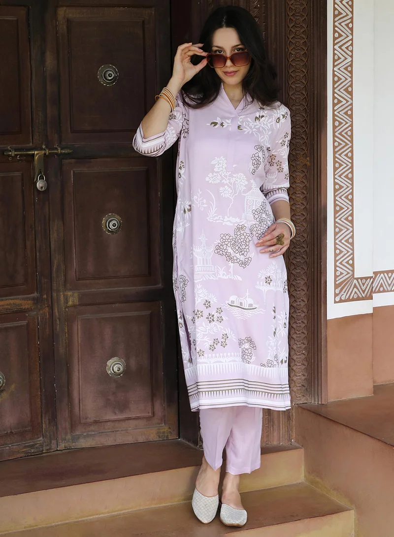 QISSA Women's Lilac Flora Cluster Print Kurta With Lilac Trousers Set