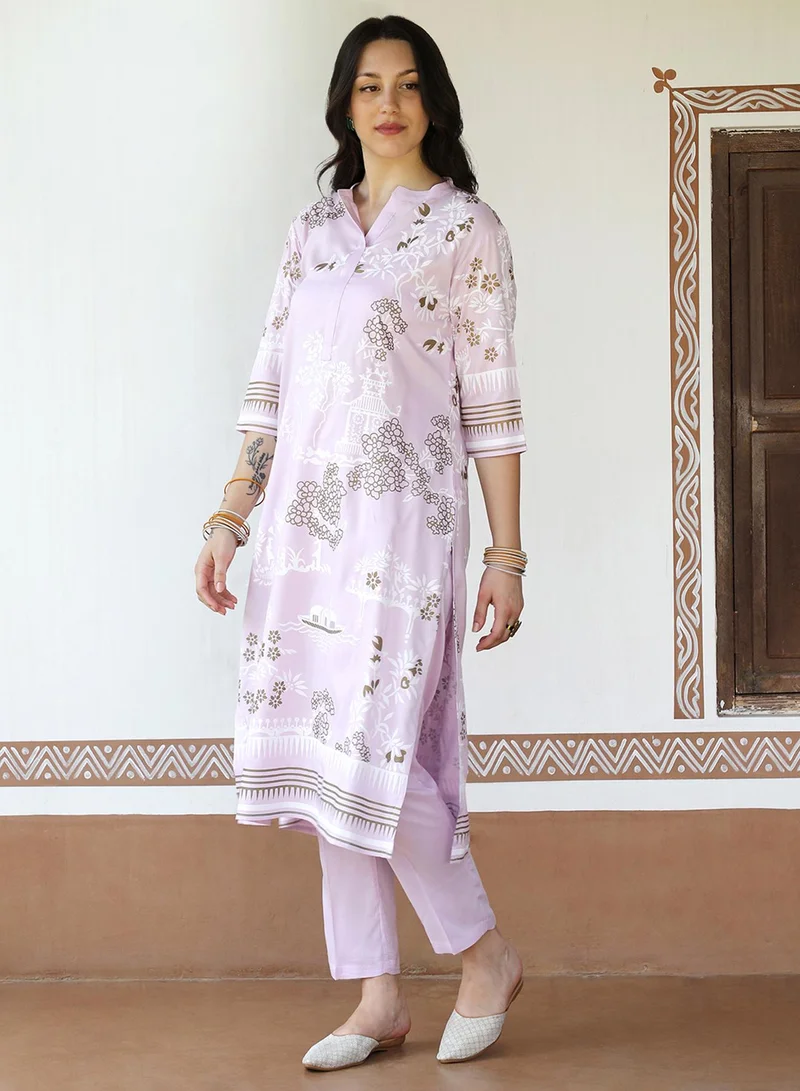 QISSA Women's Lilac Flora Cluster Print Kurta With Lilac Trousers Set