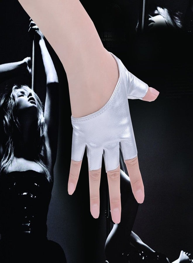 جيسن قفازات رقص بانك نسائية من جيسن، نصف كف ونصف إصبع، مصنوعة من جلد البولي يوريثان، لون فضي 1 - Image 2