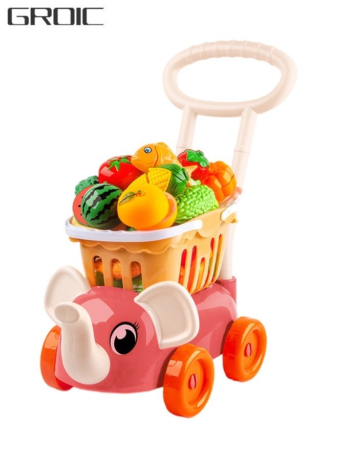 GROIC Cutting Play Food Toy for Kids Kitchen, Pretend Fruit &Vegetables Accessories with Elephant Shopping Storage Basket, Plastic Mini Dishes, Kitchen Playset - Image 1