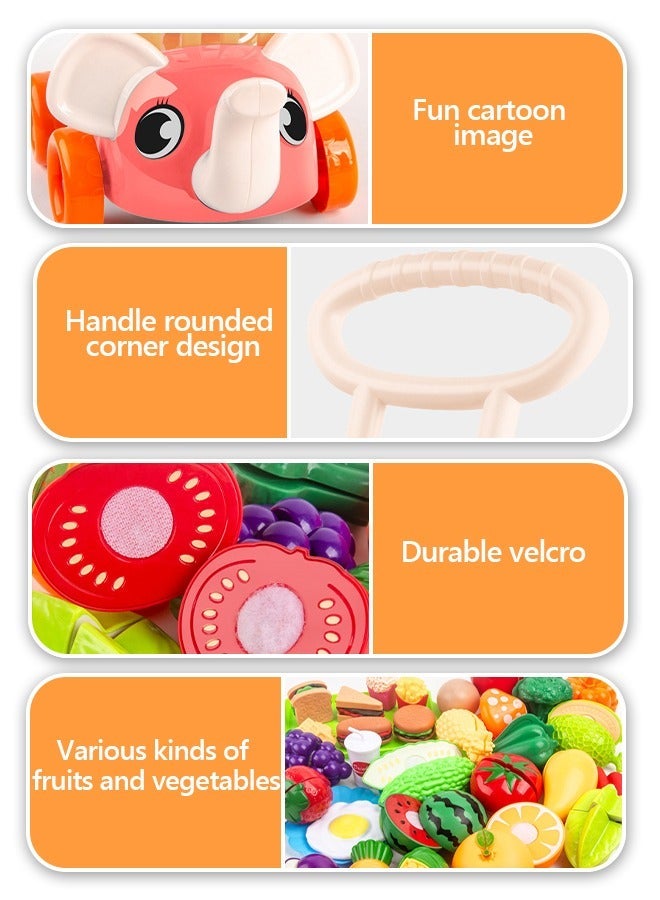 GROIC Cutting Play Food Toy for Kids Kitchen, Pretend Fruit &Vegetables Accessories with Elephant Shopping Storage Basket, Plastic Mini Dishes, Kitchen Playset - Image 3