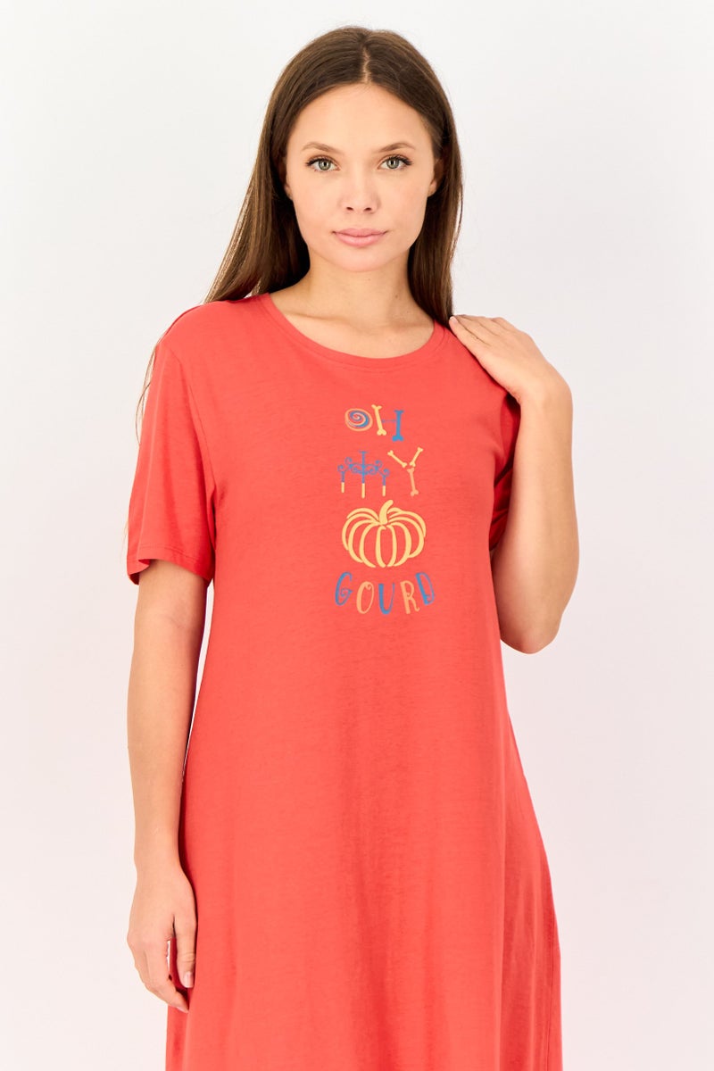 zivame Women Crew Neck Graphic Print Sleeping Dress, Red - Image 3