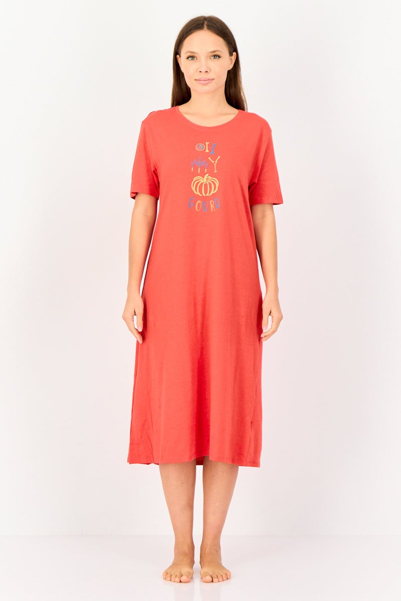 zivame Women Crew Neck Graphic Print Sleeping Dress, Red - Image 1