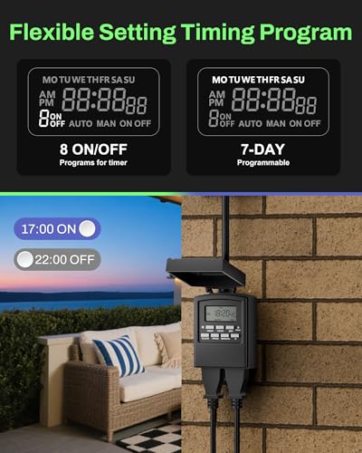 BN-LINK 7 Day Outdoor Heavy Duty Digital Programmable Timer, Outdoor Timer Outlet Waterproof, 2 Grounded Electrical Outlets for Christmas Lights, 15A 1/2HP,ETL Listed - Image 4