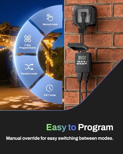 BN-LINK 7 Day Outdoor Heavy Duty Digital Programmable Timer, Outdoor Timer Outlet Waterproof, 2 Grounded Electrical Outlets for Christmas Lights, 15A 1/2HP,ETL Listed - Image 3
