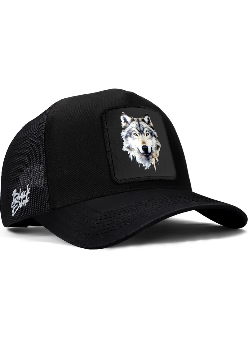 Black Börk V1 Trucker Wolf - Unisex Black Hat (Cap) with 1 Code Logo