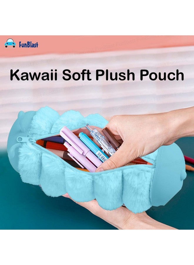 فنبلاست حقيبة أقلام فن بلاست للبنات، حقيبة ناعمة من القطيفة للبنات، حقيبة متعددة الأغراض بسحاب من الفرو، حقيبة جمالية للبنات، حافظة أقلام كاواي، حقائب لطيفة للبنات، هدية إرجاع للأطفال (أزرق) - Image 4