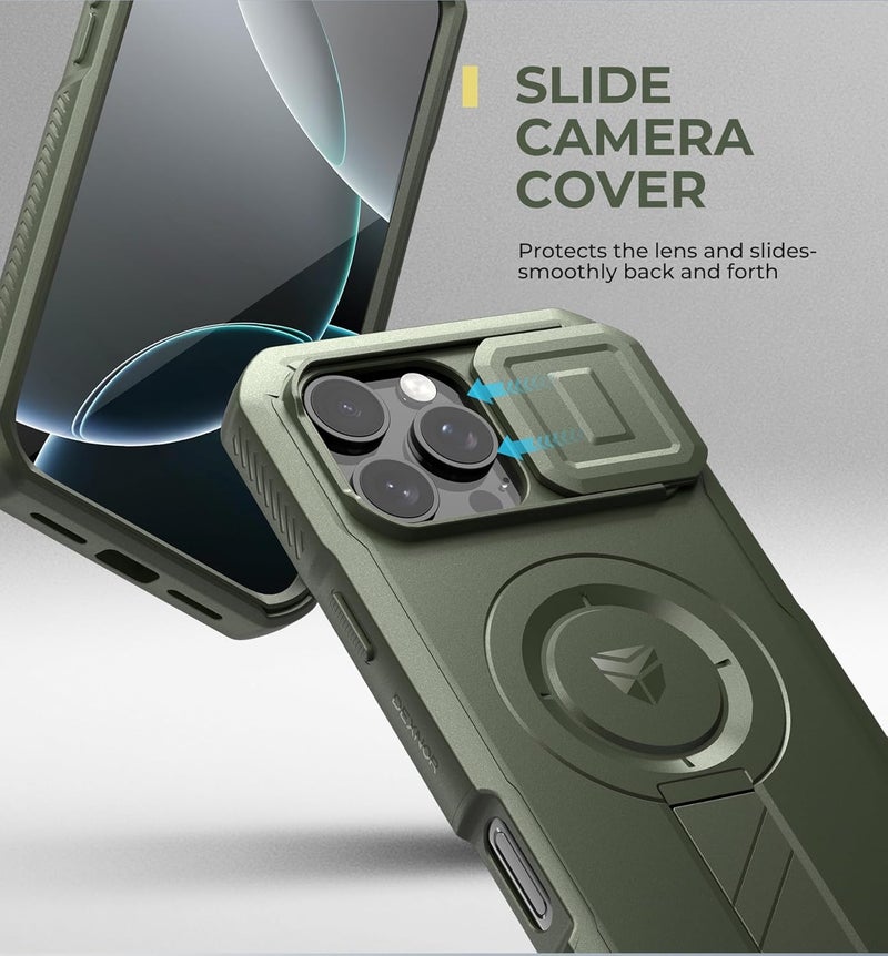 ديكسنور حافظة Dexnor لجهاز iPhone 16 Pro Max مع غطاء كاميرا منزلق وحامل قابل للتعديل وواقي شاشة مدمج، متوافقة مع MagSafe حافظة مضادة للصدمات مع غطاء مغناطيسي ثقيل، أخضر عسكري ألوان متعددة - Image 4