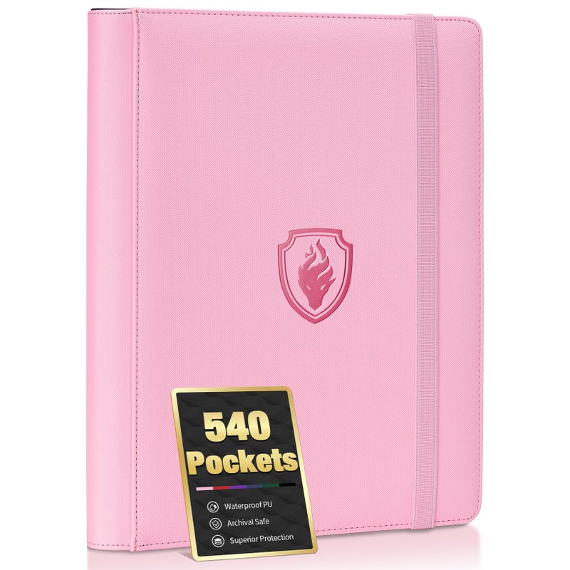 Fabmaker Premium 9 Pocket Card Binder for 540 Cards, Fabmaker PU Cover Trading Card Binder, Sturdy Card Collection Album, Sleek Card Holder Folders for Game Cards & Sports Cards, Pink - Image 1