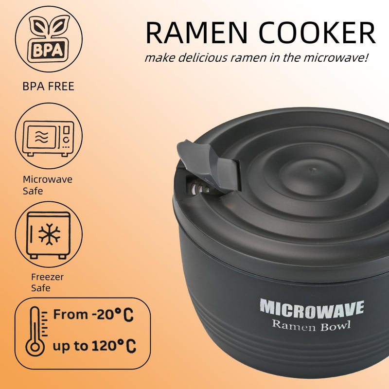 Layron 2 Sets Microwave Ramen Cooker Bowl 45 oz Instant Noodle Bowl with Handles Ramen Noodle Cooker with Spoon Chopsticks Fork Knife College Dorm Room Essentials for Boys Girls (Black, Black) - Image 4