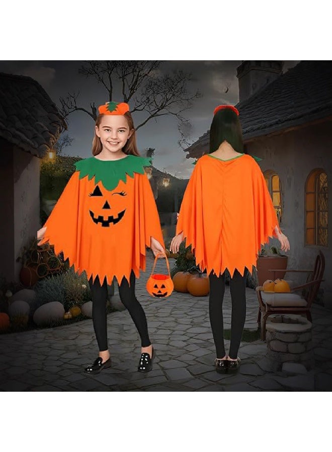 Halloween Kids Pumpkin Costume, Orange Pumpkin Cape with Hat and Treat Bag for Girls and Boys, Halloween Party Cosplay Outfits Fancy Dress and Stage Performance - Image 4