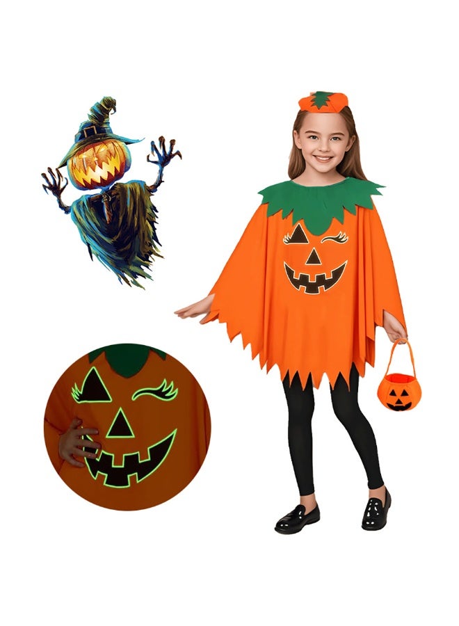Halloween Kids Pumpkin Costume, Orange Pumpkin Cape with Hat and Treat Bag for Girls and Boys, Halloween Party Cosplay Outfits Fancy Dress and Stage Performance - Image 1