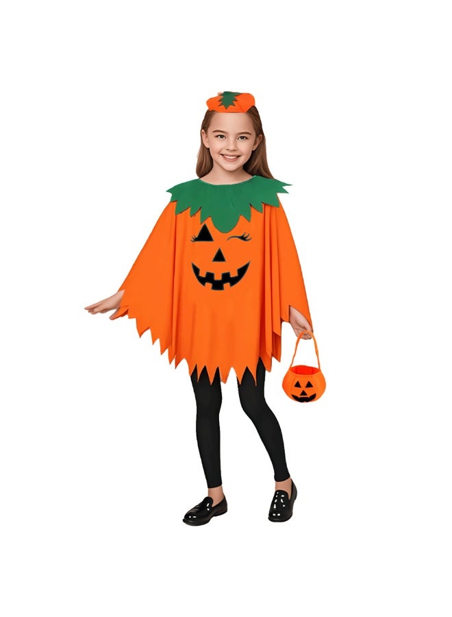 Halloween Kids Pumpkin Costume, Orange Pumpkin Cape with Hat and Treat Bag for Girls and Boys, Halloween Party Cosplay Outfits Fancy Dress and Stage Performance - Image 3