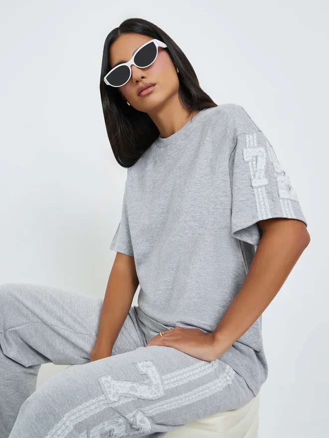 Styli Grey Oversized T-Shirt with Lace Number Detail