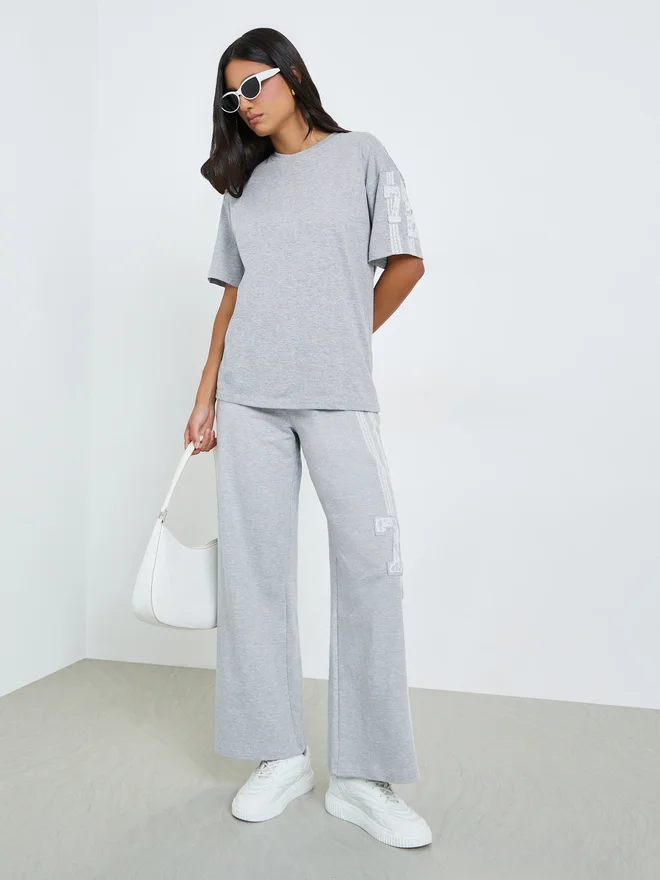 Styli Grey Oversized T-Shirt with Lace Number Detail