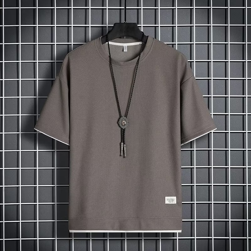Waffle Short-Sleeved T-Shirt Men'S Youth Handsome Fashion Round Neck Fake Two-Piece Boys' Sports Top - Image 4