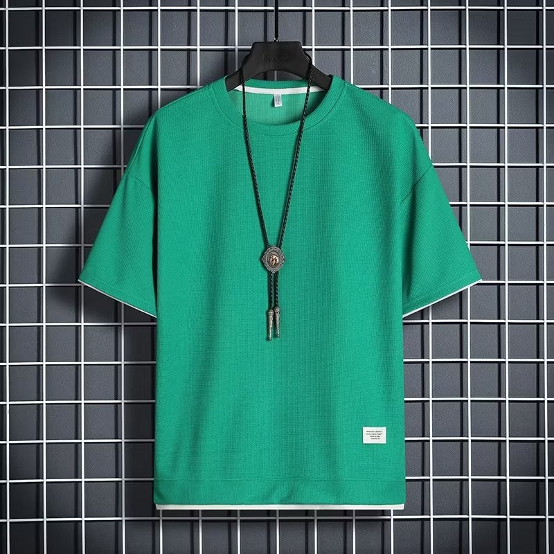 Waffle Short-Sleeved T-Shirt Men'S Youth Handsome Fashion Round Neck Fake Two-Piece Boys' Sports Top - Image 2