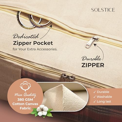 SOLSTICE Cotton Canvas Clothes Storage Bags/Saree Covers with Zip | Extra pocket | for Storage Specially Design for Woman Dresses, Sarees, Lehengas for Wardrobe Organizer (17 x 14 x 6 Inch) - Image 3