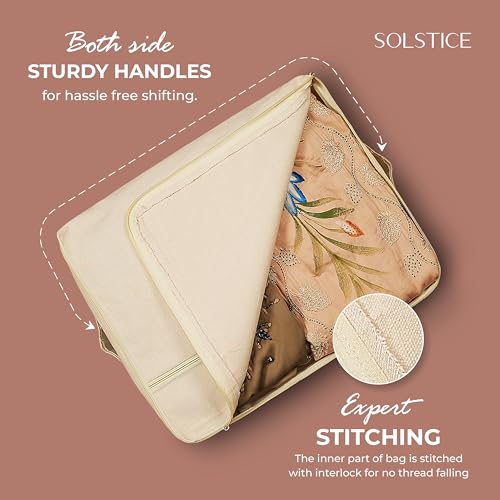 SOLSTICE Cotton Canvas Clothes Storage Bags/Saree Covers with Zip | Extra pocket | for Storage Specially Design for Woman Dresses, Sarees, Lehengas for Wardrobe Organizer (17 x 14 x 6 Inch) - Image 4
