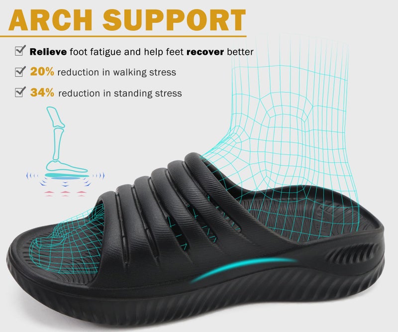 KuaiLu Womens Recovery Sandals Comfortable Plantar Fasciitis Arch Support Ladies Orthopedic Slip On Running Sport Walking Slides Thick Athletic Cushion Slippers Summer Outdoor Sliders Black Size 8 - Image 3