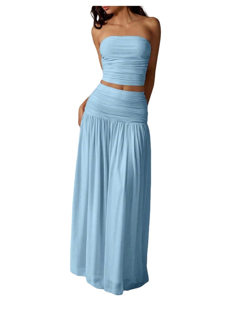 Verdusa Women's 2 Piece Sets Summer Skirt Set Brunch Vacation Outfits Ruched Strapless Bandeau Top with Maxi Skirt Blue Medium - Image 1