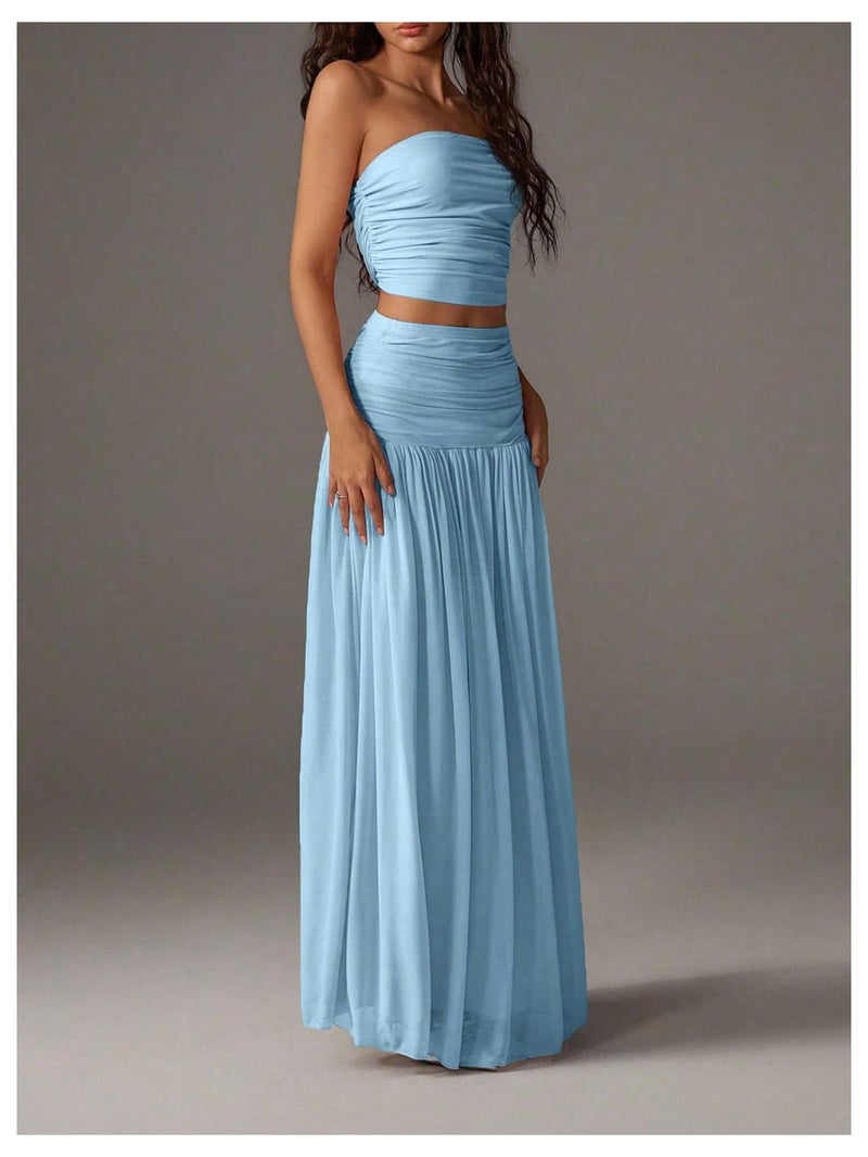 Verdusa Women's 2 Piece Sets Summer Skirt Set Brunch Vacation Outfits Ruched Strapless Bandeau Top with Maxi Skirt Blue Medium - Image 4