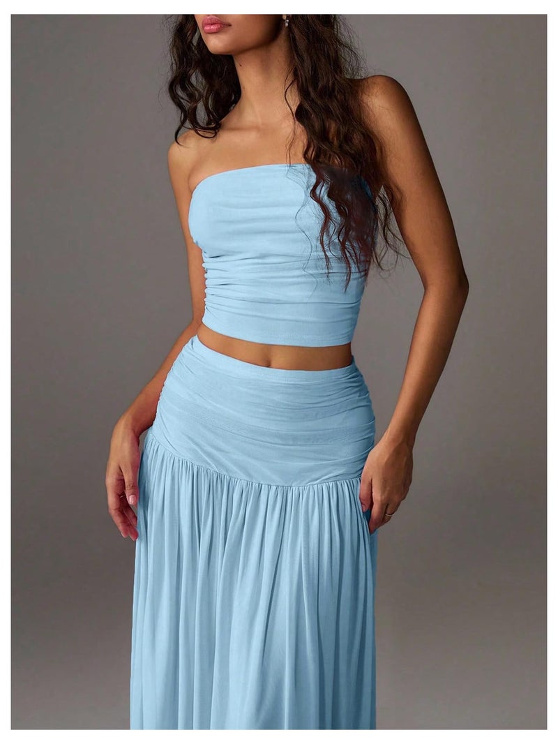 Verdusa Women's 2 Piece Sets Summer Skirt Set Brunch Vacation Outfits Ruched Strapless Bandeau Top with Maxi Skirt Blue Medium - Image 5