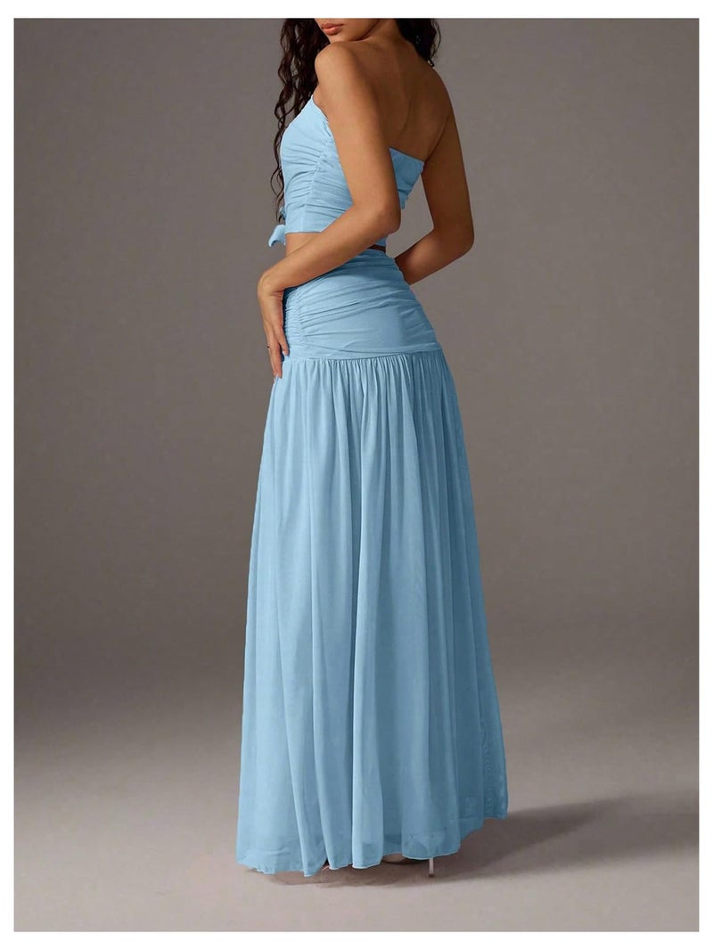 Verdusa Women's 2 Piece Sets Summer Skirt Set Brunch Vacation Outfits Ruched Strapless Bandeau Top with Maxi Skirt Blue Medium - Image 2