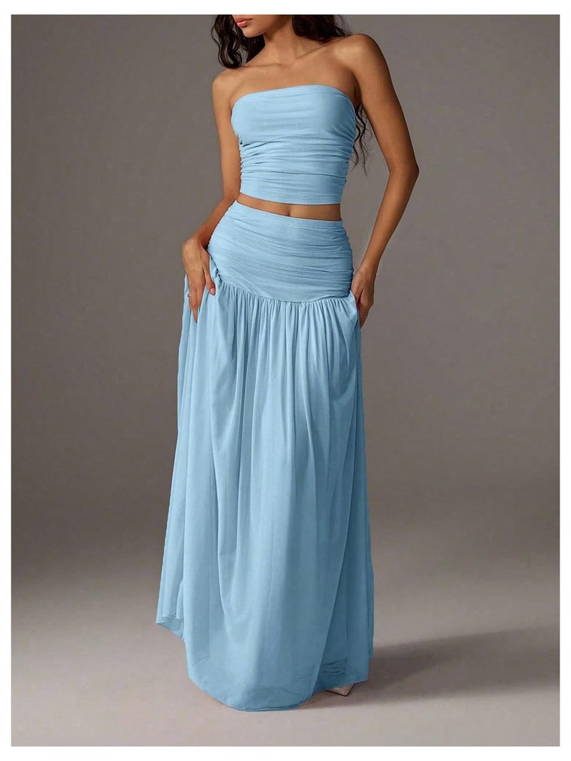 Verdusa Women's 2 Piece Sets Summer Skirt Set Brunch Vacation Outfits Ruched Strapless Bandeau Top with Maxi Skirt Blue Medium - Image 3