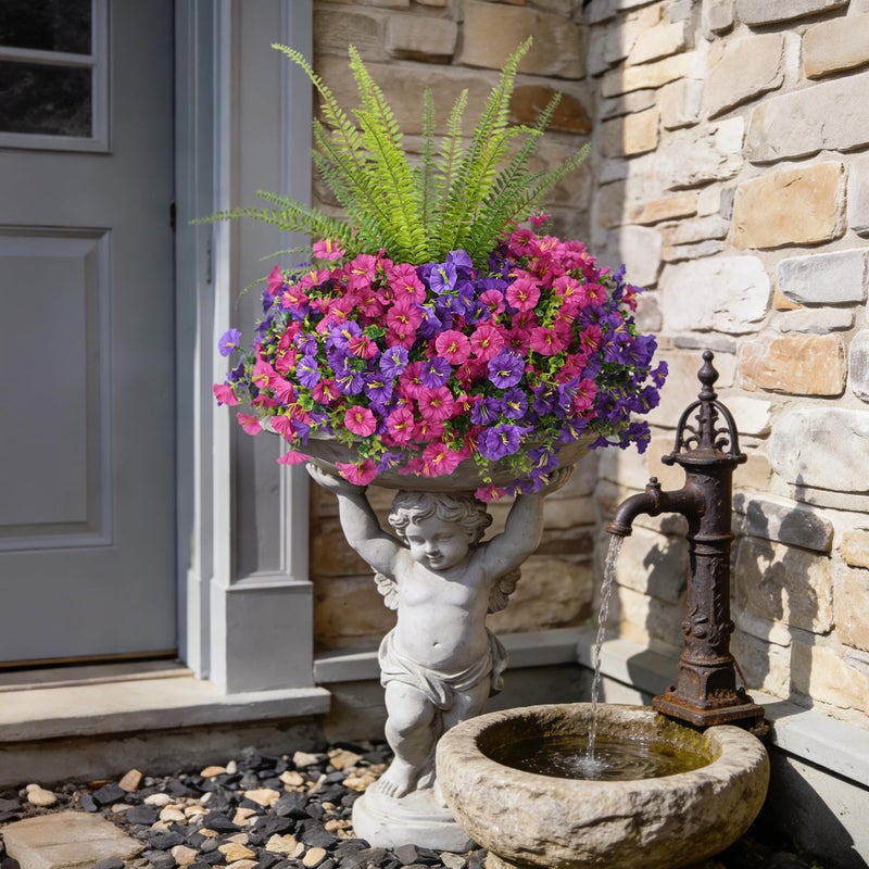 Hrobek Artificial Flowers for Outdoors Faux Plants Outside Indoor,UV Resistant Silk Fake Morning Glory Tall Ferns for Home Patio Garden Back Yard Front Porch Decor(13 Bunches,Dk. & Lt. Purple) - Image 4