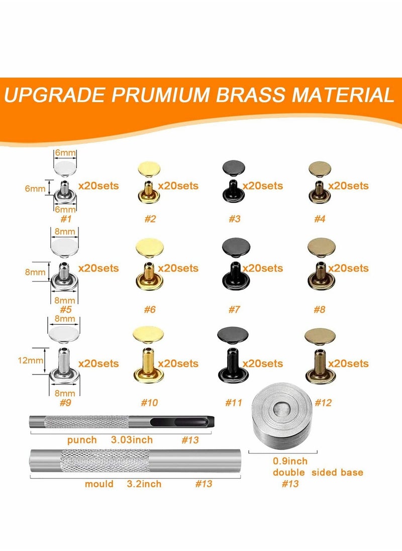 SYOSI - 240 Sets Leather Rivets, Double Cap Rivet Tubular - 4 Colors 3 Size Metal Studs Brass Rivets with Setting Tool Kit for Leather Craft/Shoes/Bags/Clothes/Belts Repair Decoration - Image 1