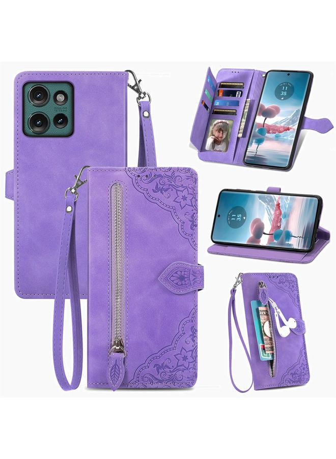 اس-توب جراب لهاتف موتورولا إيدج 2024، جراب هاتف جلدي بسحاب مزخرف بزهرة - Image 1