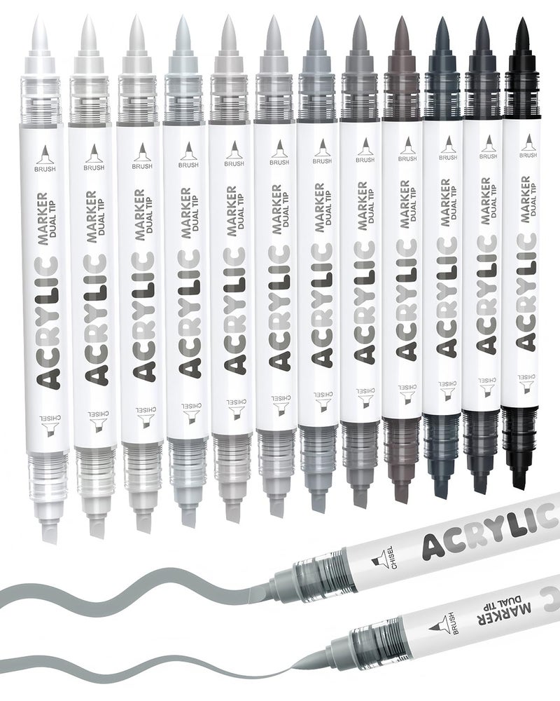 Guangna 12 Grey Dual Tip Acrylic Paint Markers, Brush Tip & Chisel Tip Acrylic Paint Pens for Rock, Wood, Glass, Paper, Coloring Book, Ceramic, Canvas, Water-Based Ink - Image 1